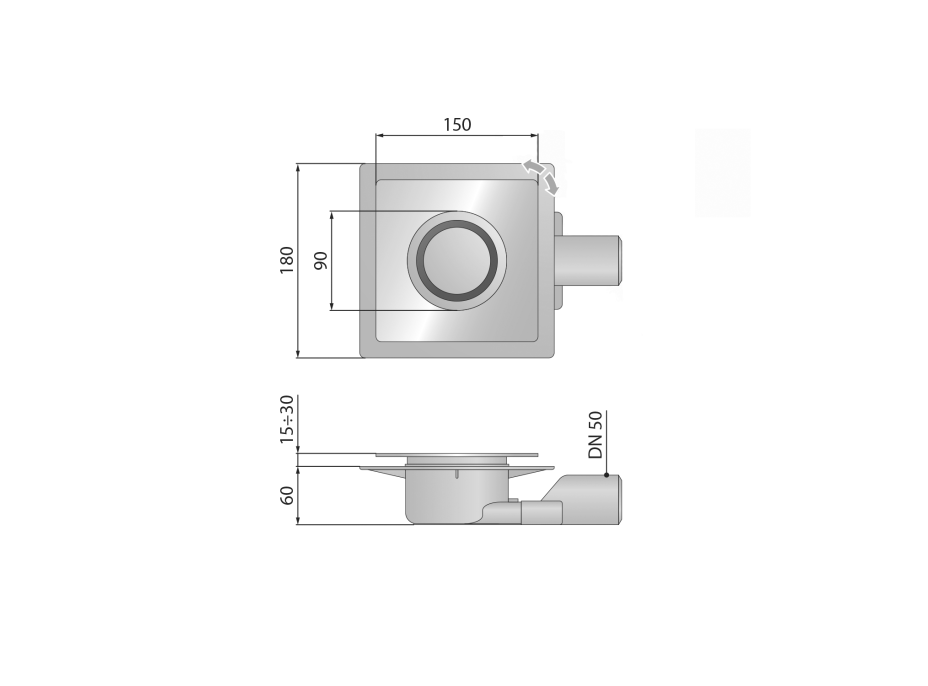 Omp Tea TIRANA podlahový vpust bočný 150x150mm, odpad 50mm, chróm 2665.695.8