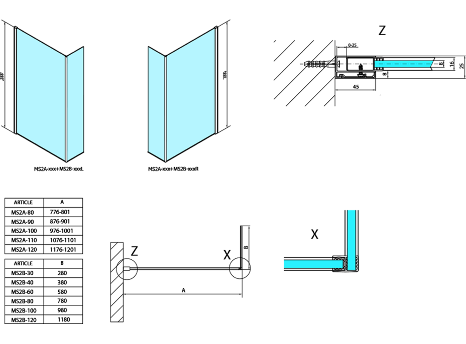 Polysan MODULAR SHOWER stena na inštaláciu na stenu, pre pripojenie pevného panelu, 900 mm MS2A-90