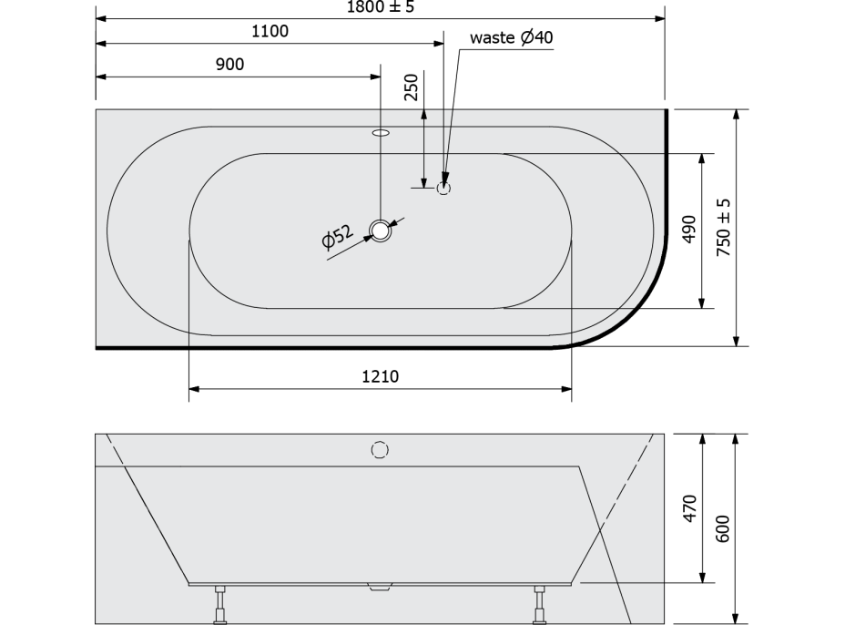 Polysan VIVA L MONOLITH asymetrická vaňa 180x75x60cm, biela/čierna 72099MB