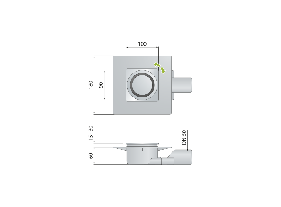 Omp Tea TIRANA podlahový vpust bočný 100x100mm, odpad 50mm, chróm 2665.295.8