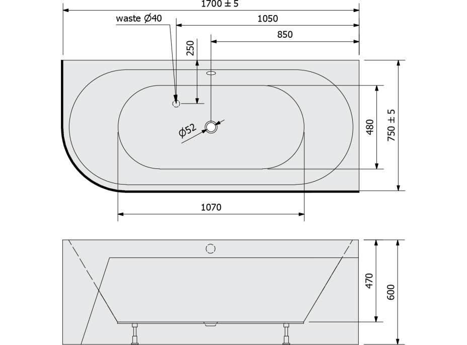 Polysan VIVA R MONOLITH asymetrická vaňa 170x75x60cm, biela 78119M