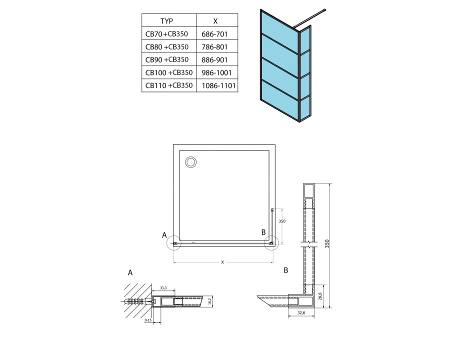 Gelco CURE BLACK prídavný panel 350mm, číre sklo CB350