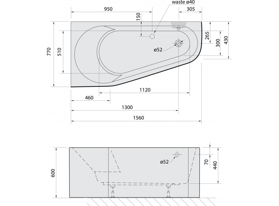 Polysan PROJEKTA L MONOLITH asymetrická stojaca vaňa 156x77x60cm, biela 20111M