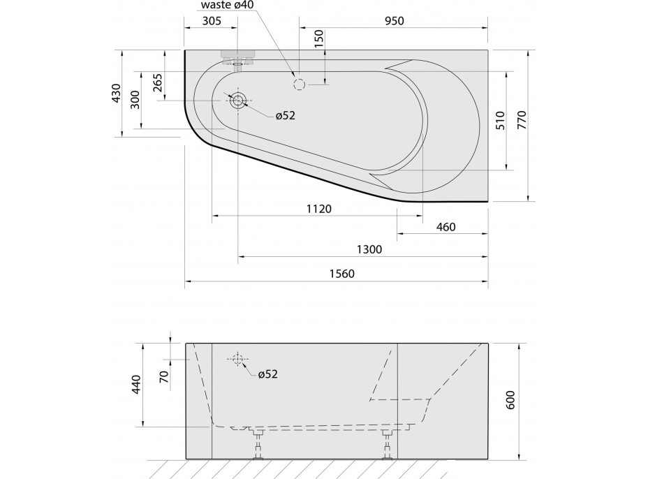 Polysan PROJEKTA R MONOLITH asymetrická stojaca vaňa 156x77x60cm, biela 21111M