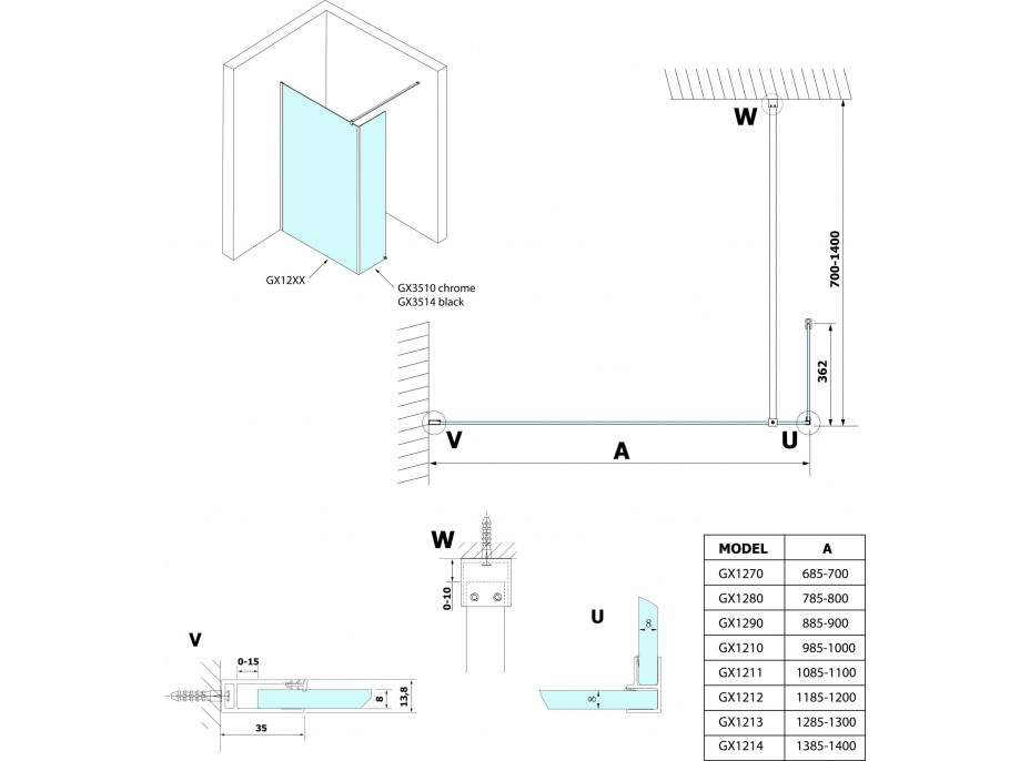 Gelco VARIO prídavný panel 350mm, číre sklo, čierna GX3514