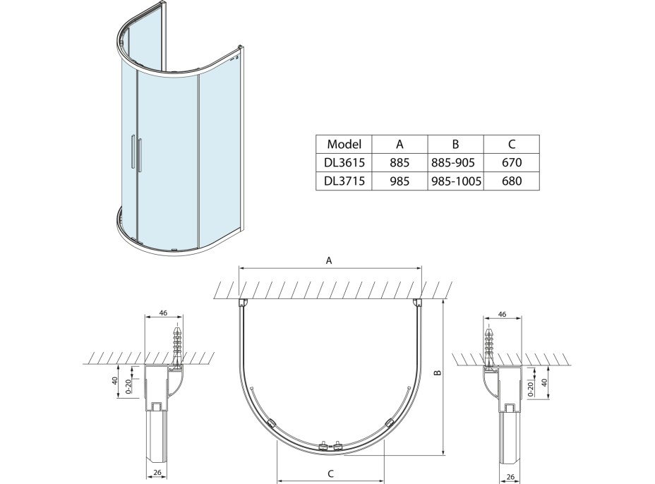 Polysan LUCIS LINE polkruhová sprchová zástena 1000x1000mm, číre sklo DL3715