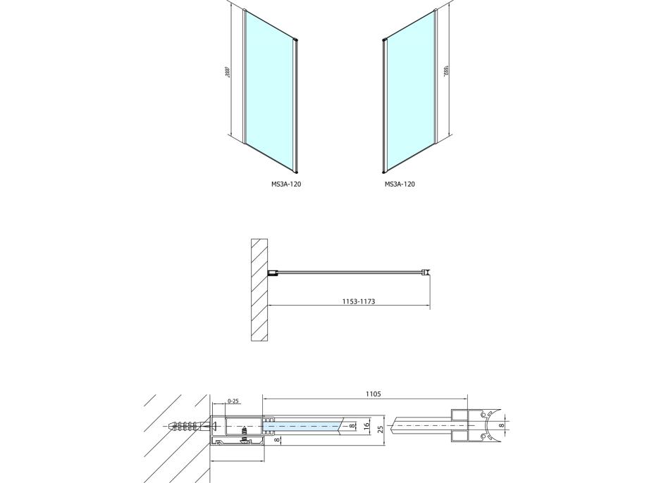 Polysan MODULAR SHOWER stena na inštaláciu na stenu, pre pripojenie otočného panelu, 1200 mm MS3A-120