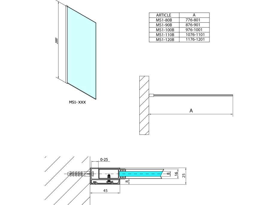 Polysan MODULAR SHOWER BLACK jednodielna zástena pevná na inštaláciu na stenu, 1100 mm MS1-110B