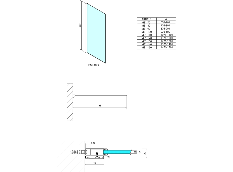 Polysan MODULAR SHOWER jednodielna zástena pevná na inštaláciu na stenu, 800 mm MS1-80