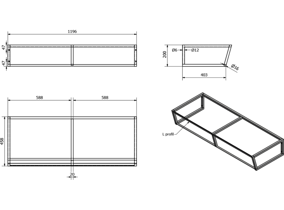 Sapho SKA konzola pod umývadlo/dosku 1200x200x460mm, biela mat SKA214