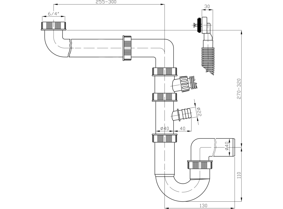 Bruckner Drezový sifón šetriaci miesto s prepadom a odbočkou 6/4", DN40, biela 155.126.0