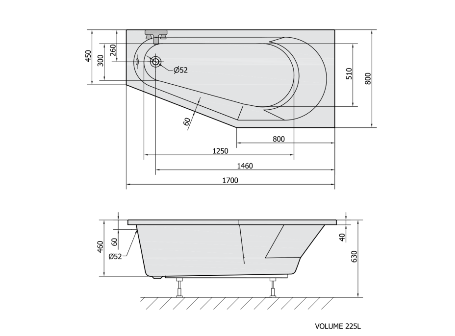 Polysan TIGRA R asymetrická vaňa 170x80x46cm, biela 90611