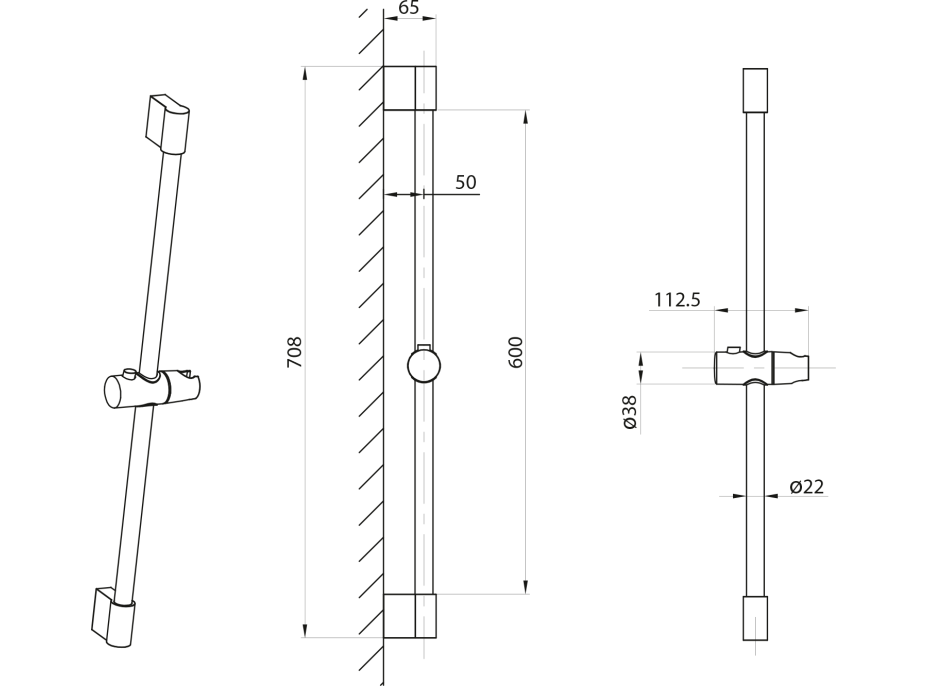 Sapho Sprchová tyč, posuvný držiak, guľatá, 708mm, ABS/chróm 1202-05