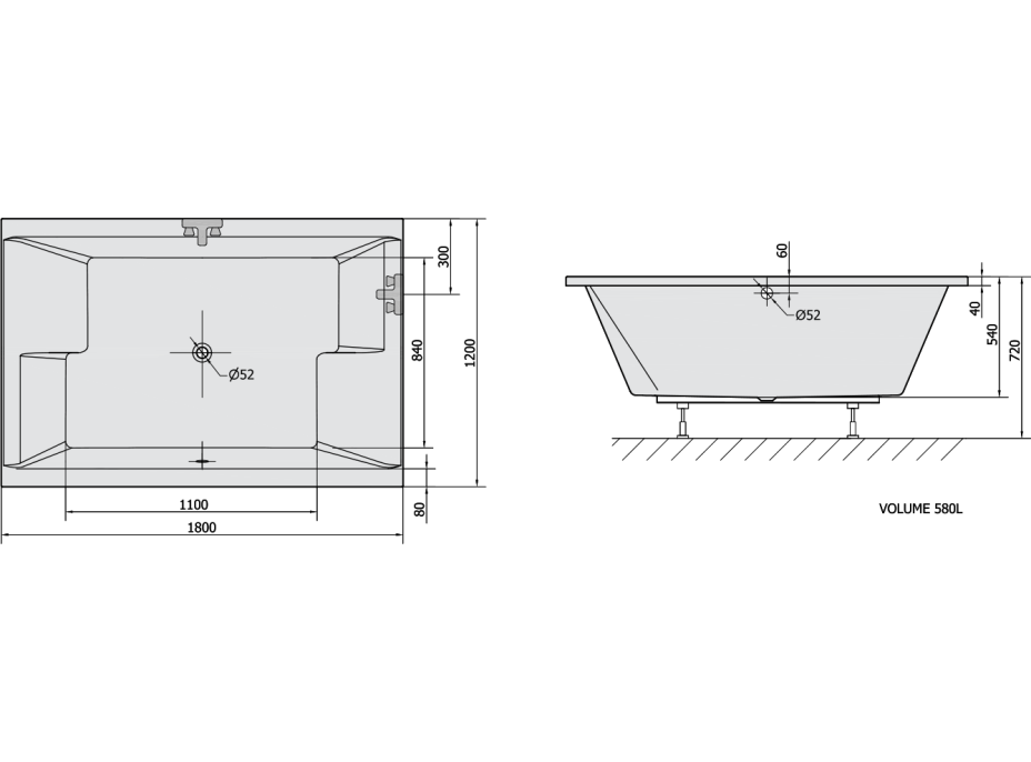 Polysan DUPLA obdĺžniková vaňa s konštrukciou 180x120x54cm, biela 13711