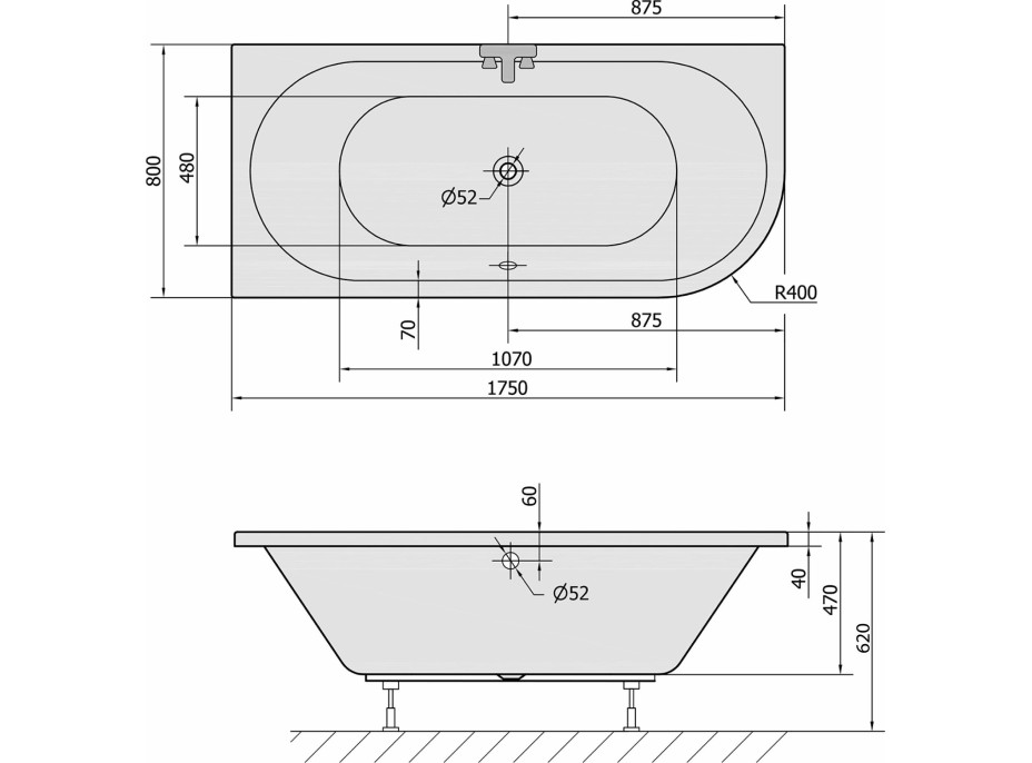 Polysan VIVA L asymetrická vaňa 175x80x47cm, biela mat 70119.11