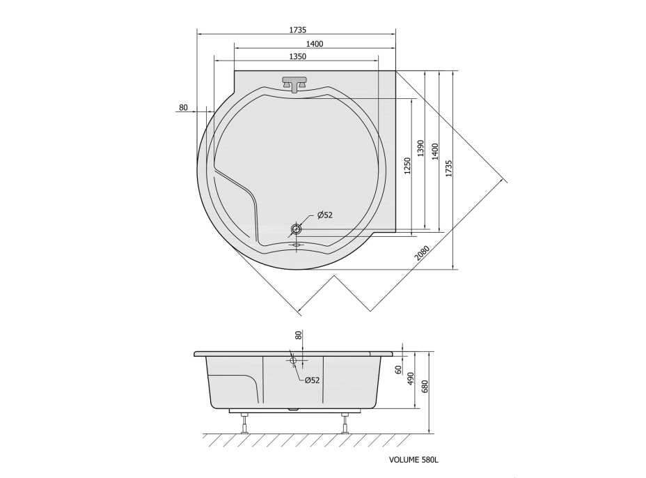 Polysan ROYAL CORNER guľatá vaňa s konštrukciou 173x173x49cm, biela 74211