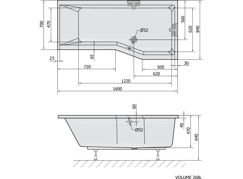 Polysan VERSYS R asymetrická vaňa 160x84x70x47cm, biela 15611