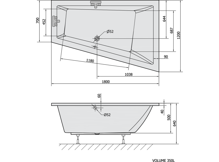 Polysan TRIANGL R asymetrická vaňa 180x120x50cm, biela 20611