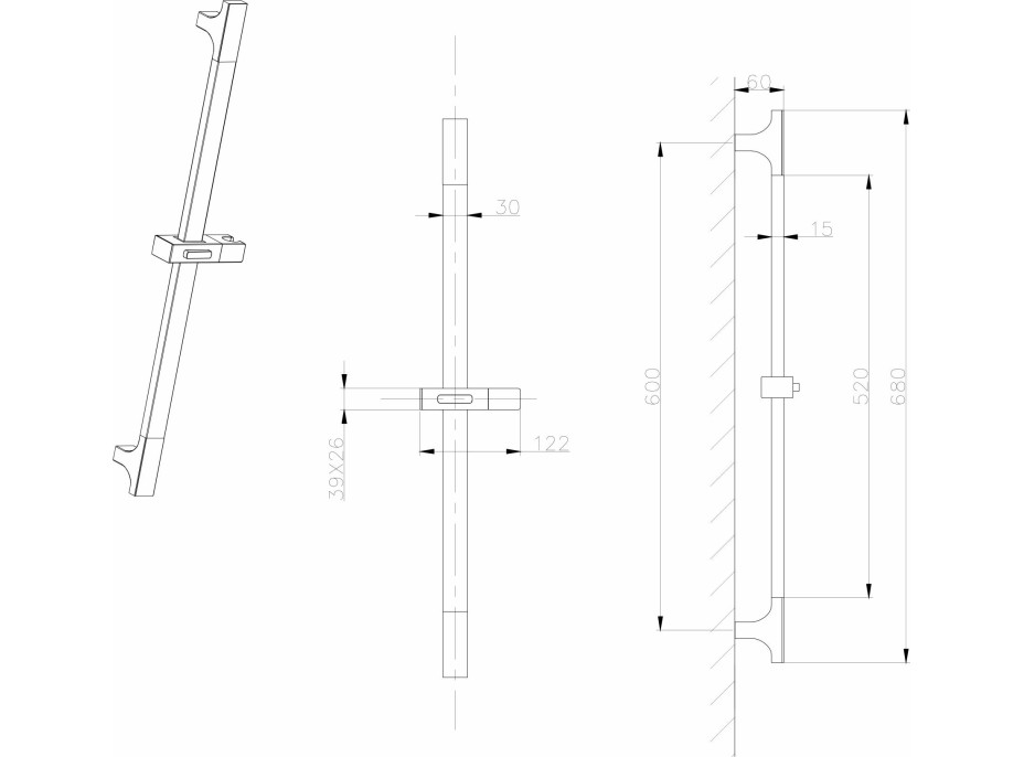 Sapho Sprchová tyč, posuvný držiak, 680mm, ABS/čierna mat 1206-07B