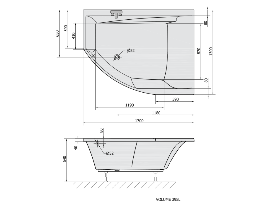 Polysan TANDEM R asymetrická vaňa 170x130x50cm, biela 97611