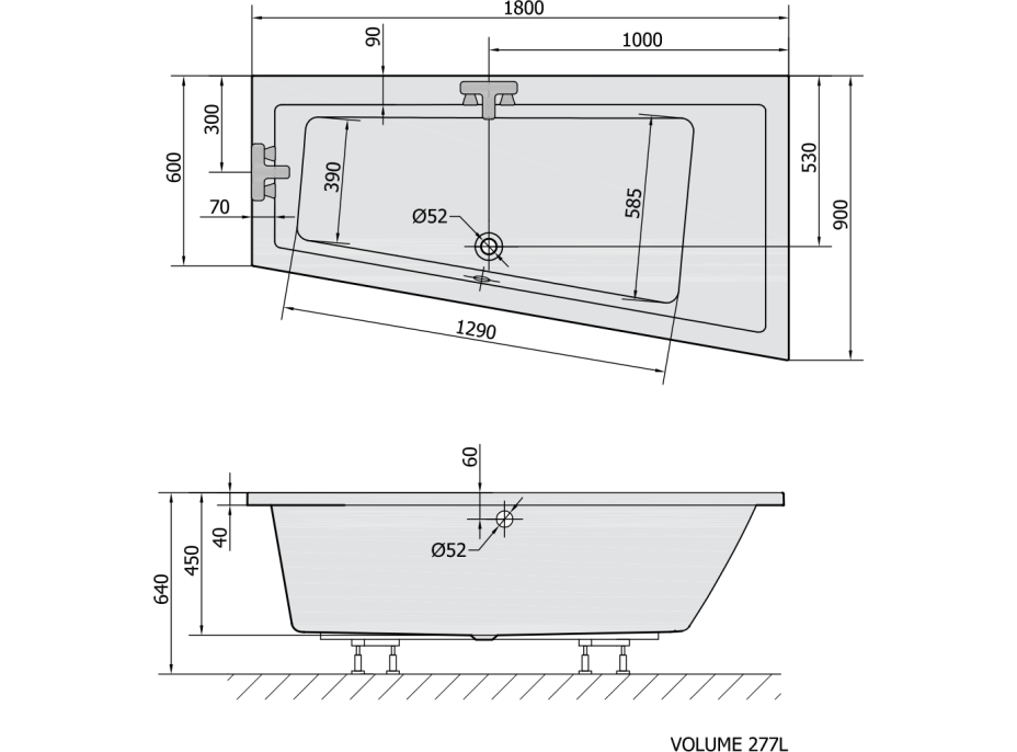 Polysan ANDRA R asymetrická vaňa 180x90x45cm, biela mat 78771.11