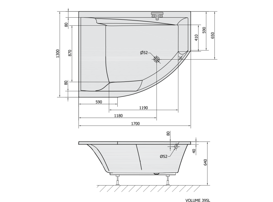 Polysan TANDEM L asymetrická vaňa 170x130x50cm, biela 96611