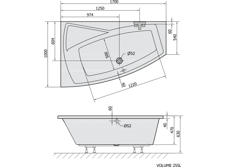 Polysan EVIA L asymetrická vaňa 170x100x47cm, biela 21611