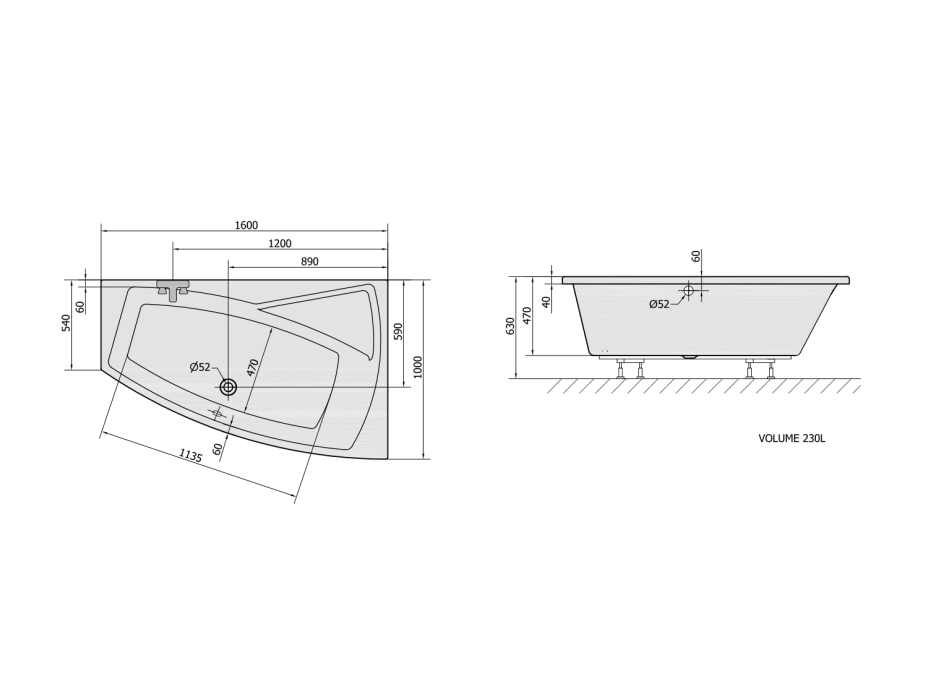 Polysan EVIA R asymetrická vaňa 160x100x47cm, biela 12611