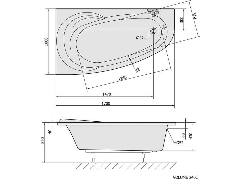 Polysan NAOS L asymetrická vaňa 170x100x43cm, biela 98111