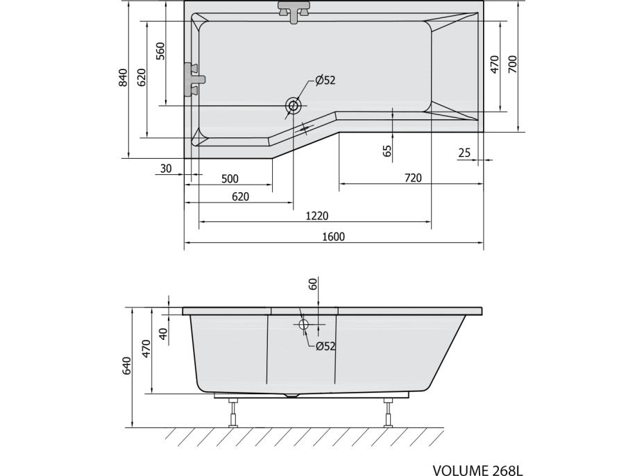 Polysan VERSYS L asymetrická vaňa 160x84x70x47cm, biela 14611