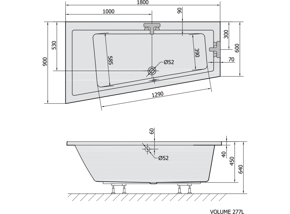 Polysan ANDRA L asymetrická vaňa 180x90x45cm, biela mat 72872.11