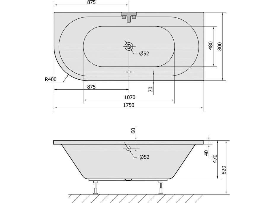 Polysan VIVA R asymetrická vaňa 175x80x47cm, biela mat 78119.11