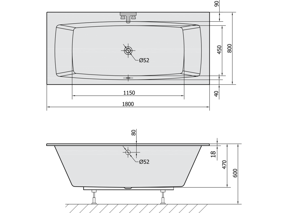 Polysan KVADRA SLIM obdĺžniková vaňa 180x80x47cm, biela 17611S