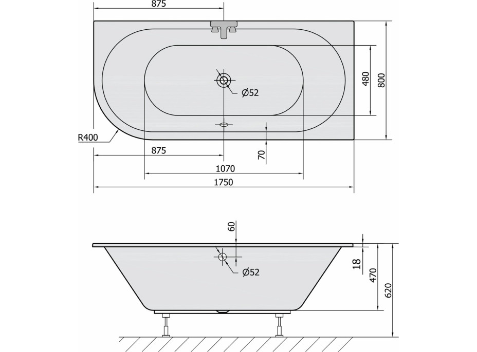 Polysan VIVA R SLIM asymetrická vaňa 175x80x47cm, biela 78119S