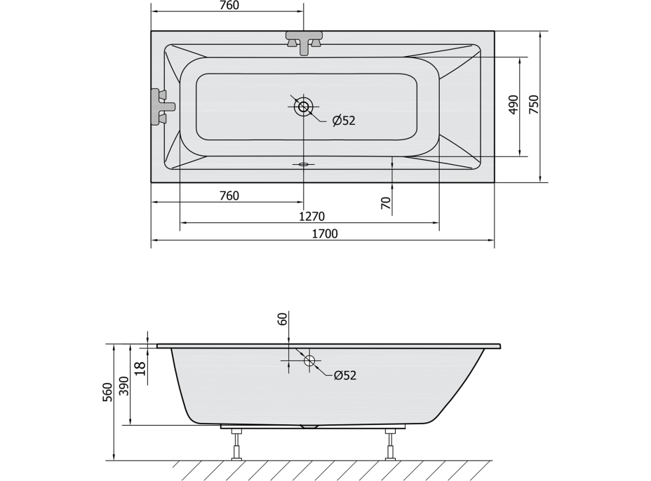 Polysan MIMOA SLIM obdĺžniková vaňa 170x75x39cm, biela 71709S