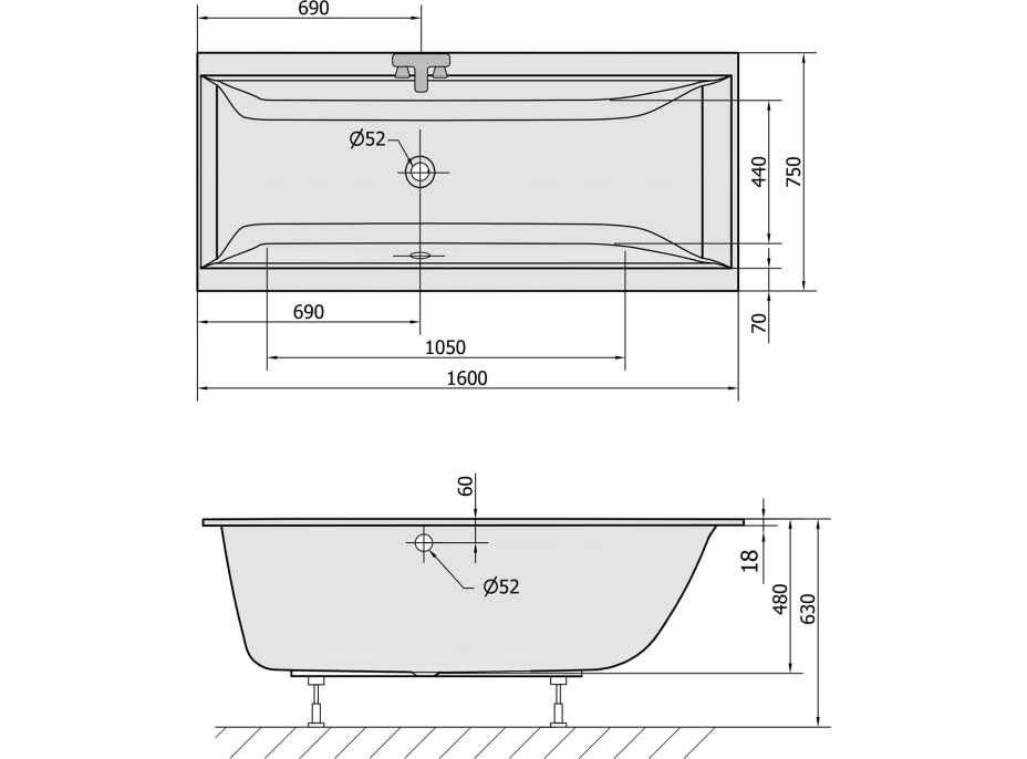 Polysan CLEO SLIM obdĺžniková vaňa 160x75x48cm, biela 93611S