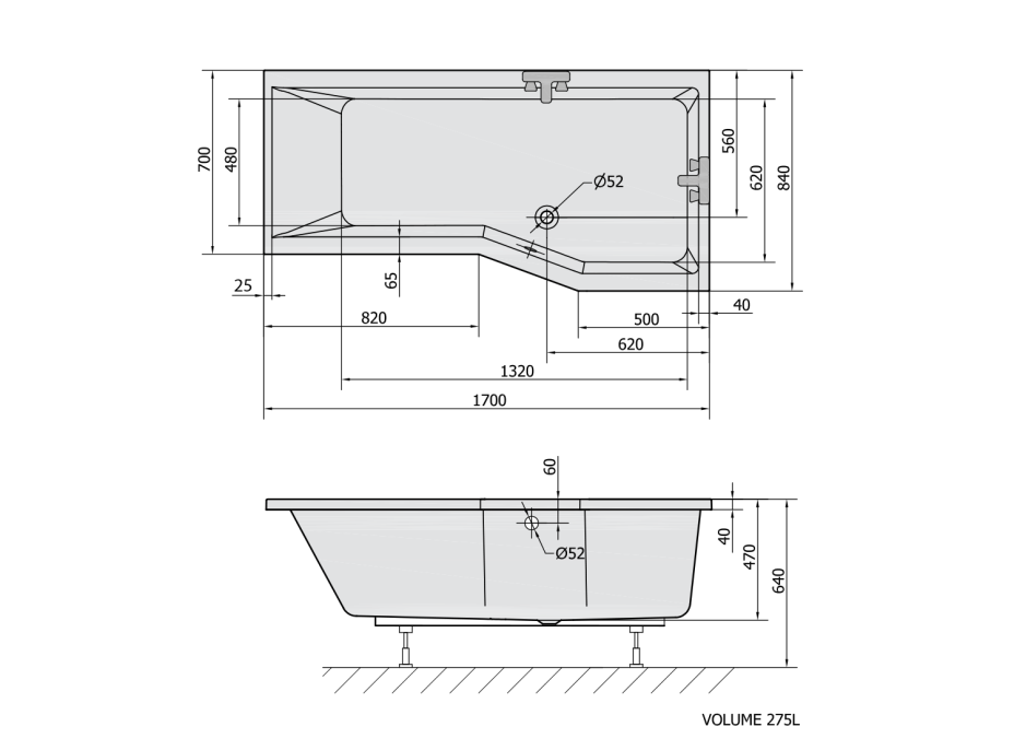 Polysan VERSYS R asymetrická vaňa 170x84x70x47cm, biela 70611