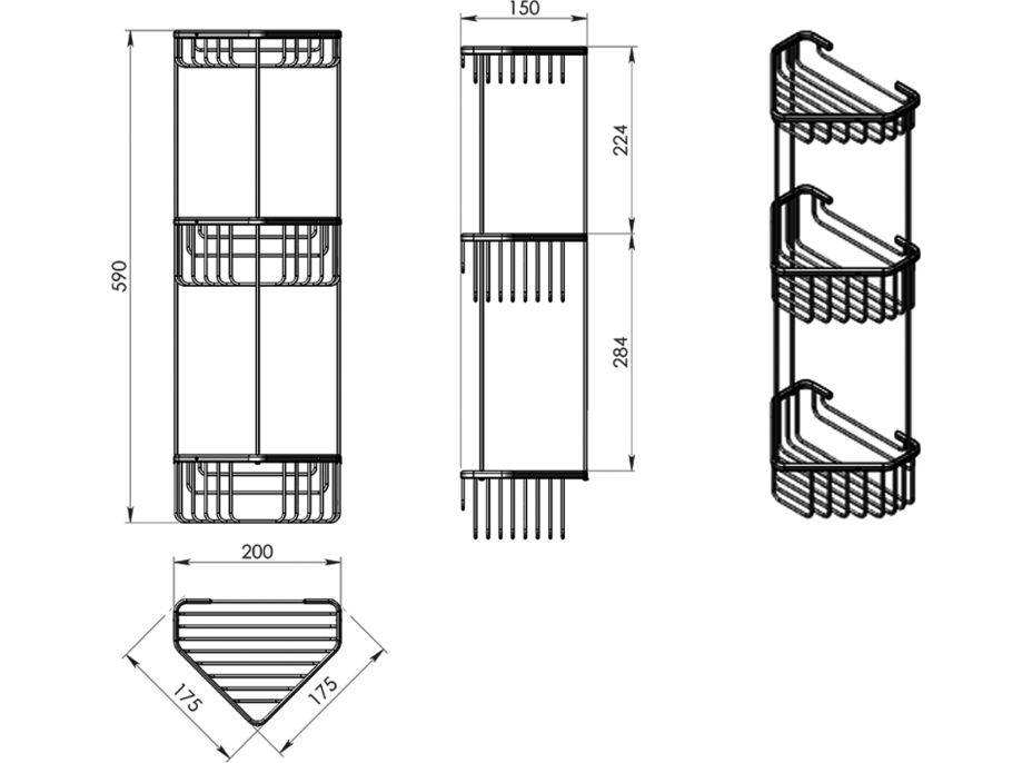 Gedy SMART trojposchodová rohová polica 200x590x150 mm, chróm 2484