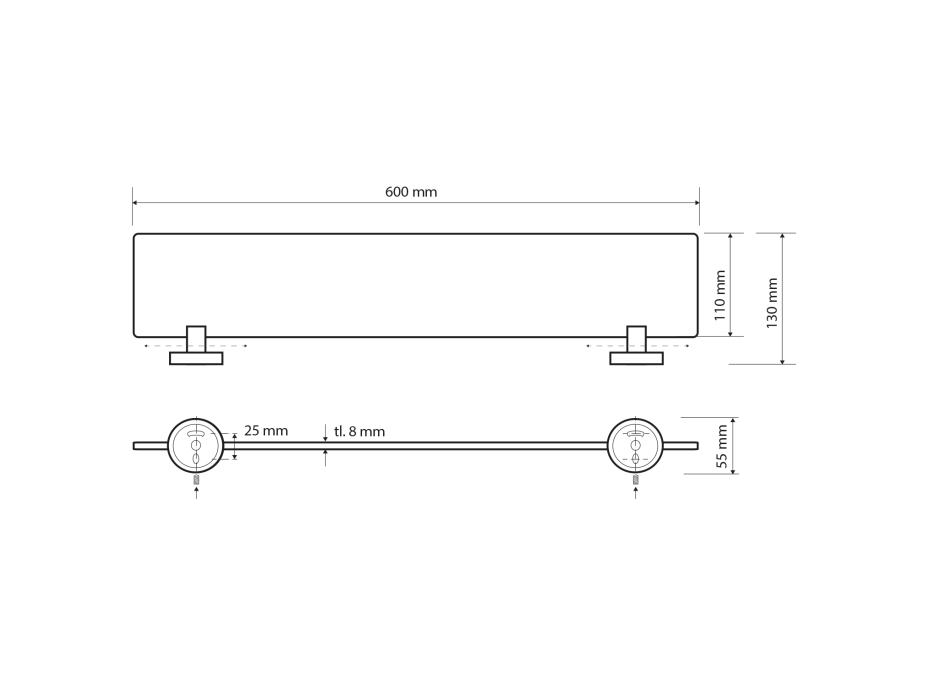 Sapho X-ROUND E sklenená polička 600mm, chróm XR609