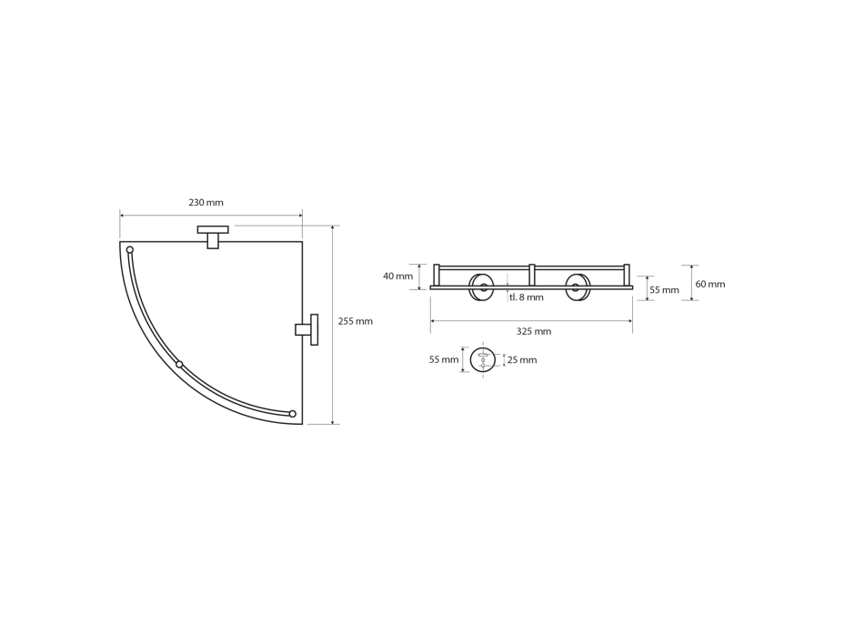 Sapho X-ROUND E sklenená polička rohová s hrazdou 255x60x230mm, chróm XR605