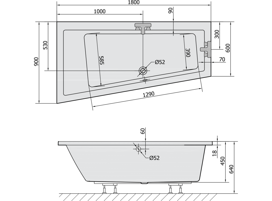 Polysan ANDRA L SLIM asymetrická vaňa 180x90x45cm, biela 72872S