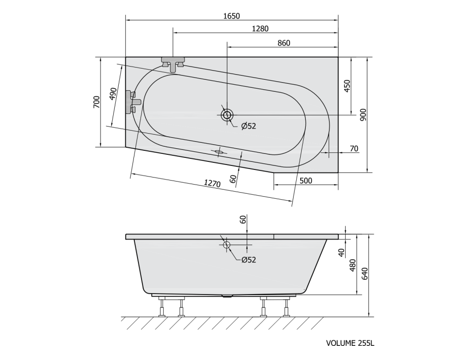 Polysan ASTRA WR asymetrická vaňa 165x90x48cm, biela 31611