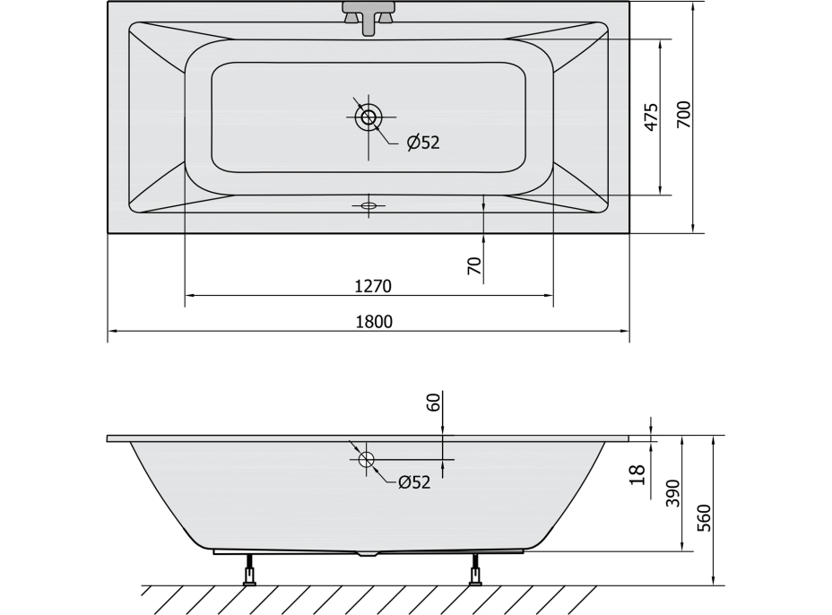 Polysan KRYSTA SLIM obdĺžniková vaňa 180x70x39cm, biela 72906S