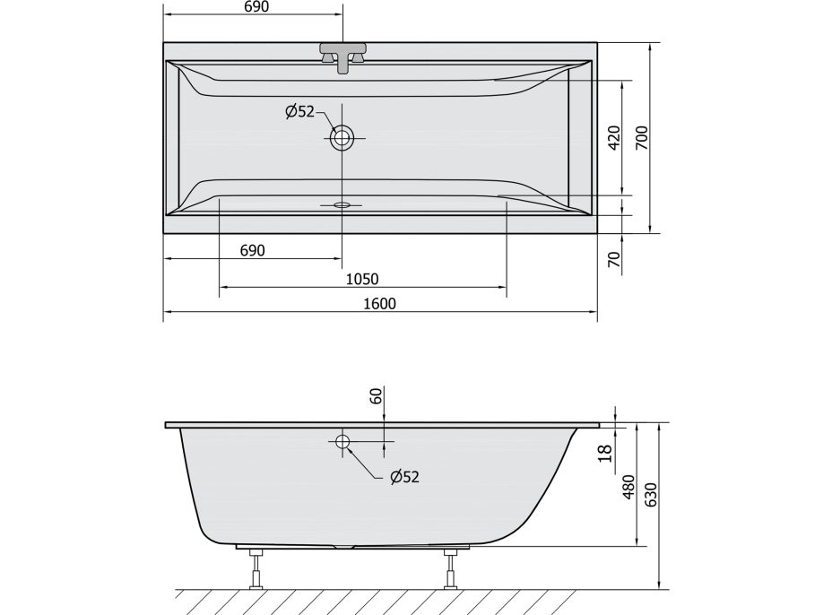 Polysan CLEO SLIM obdĺžniková vaňa 160x70x48cm, biela 73611S