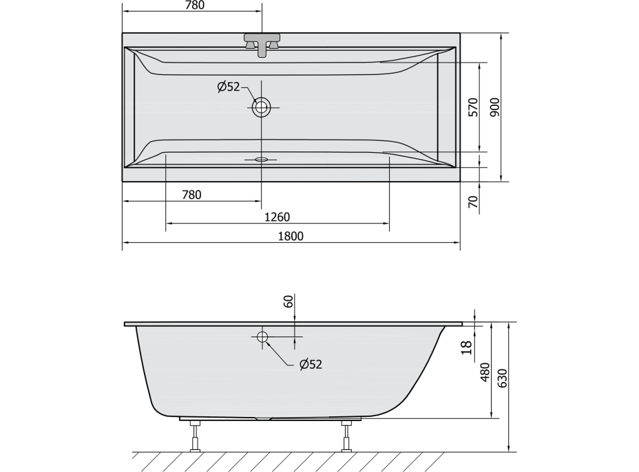 Polysan CLEO SLIM obdĺžniková vaňa 180x90x48cm, biela 13111S