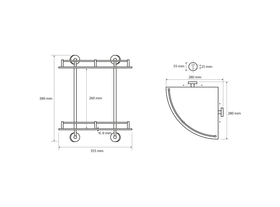 Sapho X-ROUND E sklenená polička rohová dvojitá s hrazdou 280x355x380mm, chróm XR604