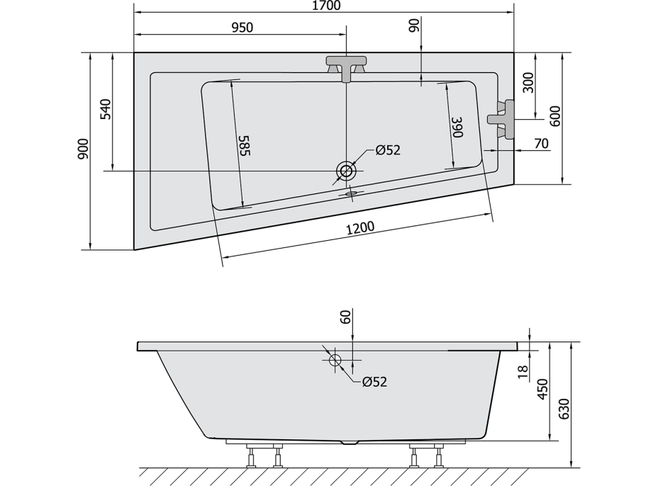 Polysan ANDRA L SLIM asymetrická vaňa 170x90x45cm, biela 81111S