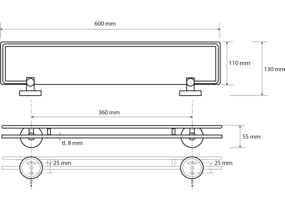 Sapho X-ROUND E polička sklenená s výklopnou hrazdou 600x130mm, mliečne sklo, chróm XR600