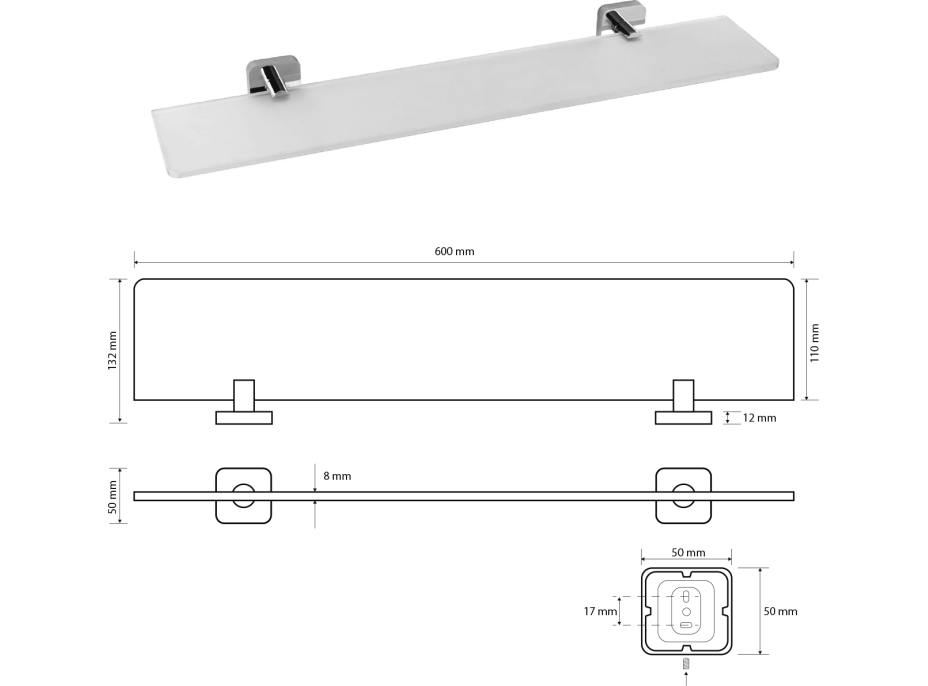 Sapho INSIA polička sklenená 600x50x132mm, chróm IS015