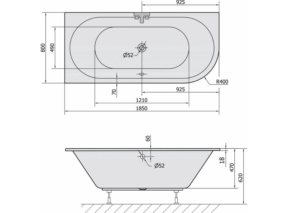 Polysan VIVA L SLIM asymetrická vaňa 185x80x47cm, biela 72099S